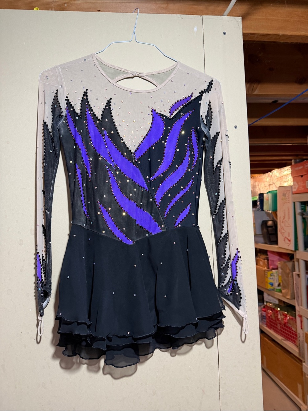 Girls Black and Purple Performance Dress with Sheer Long Sleeves